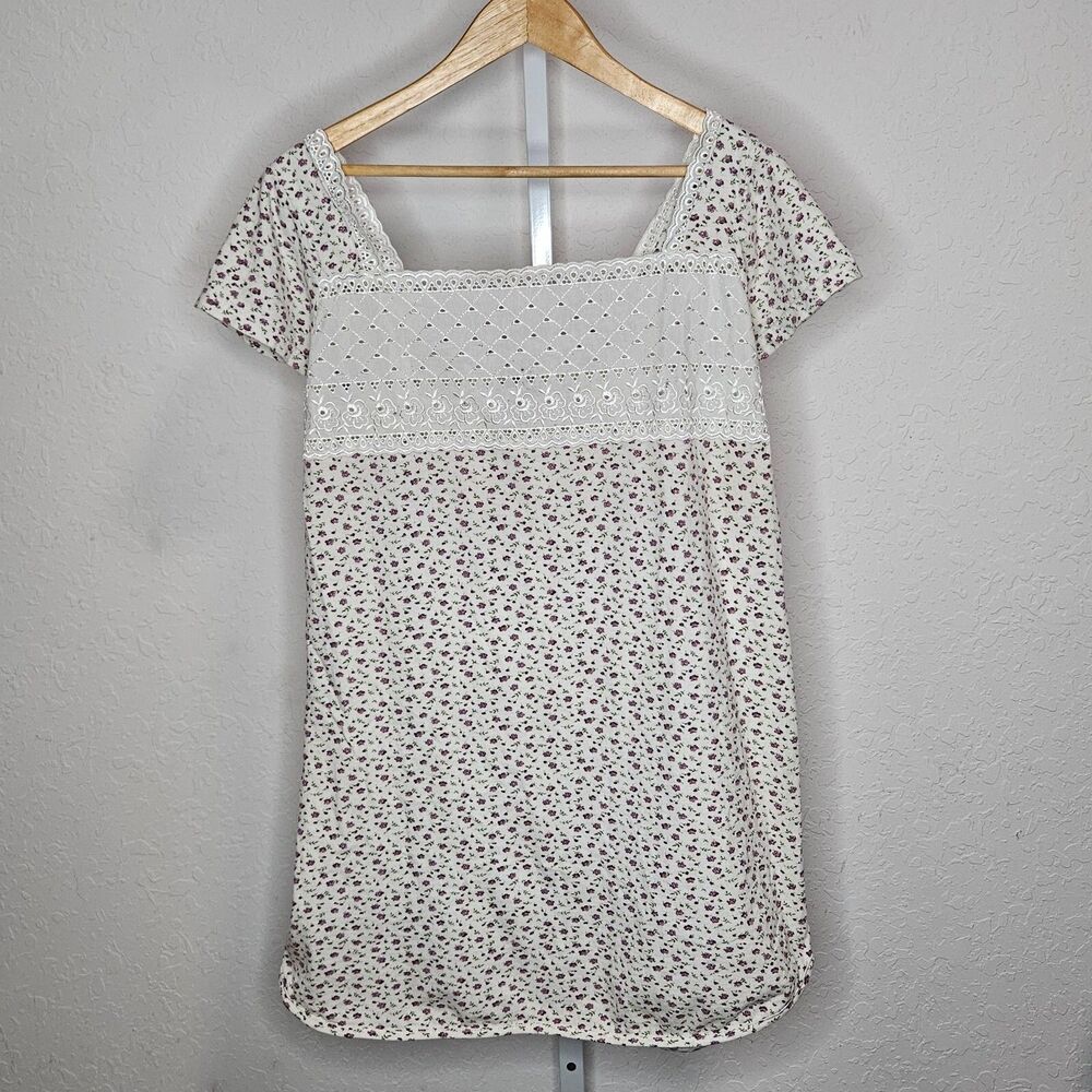 Sweet Whispers by Elan White Lace Purple Floral Cotton Night Gown Sleep Dress L - Picture 1 of 5